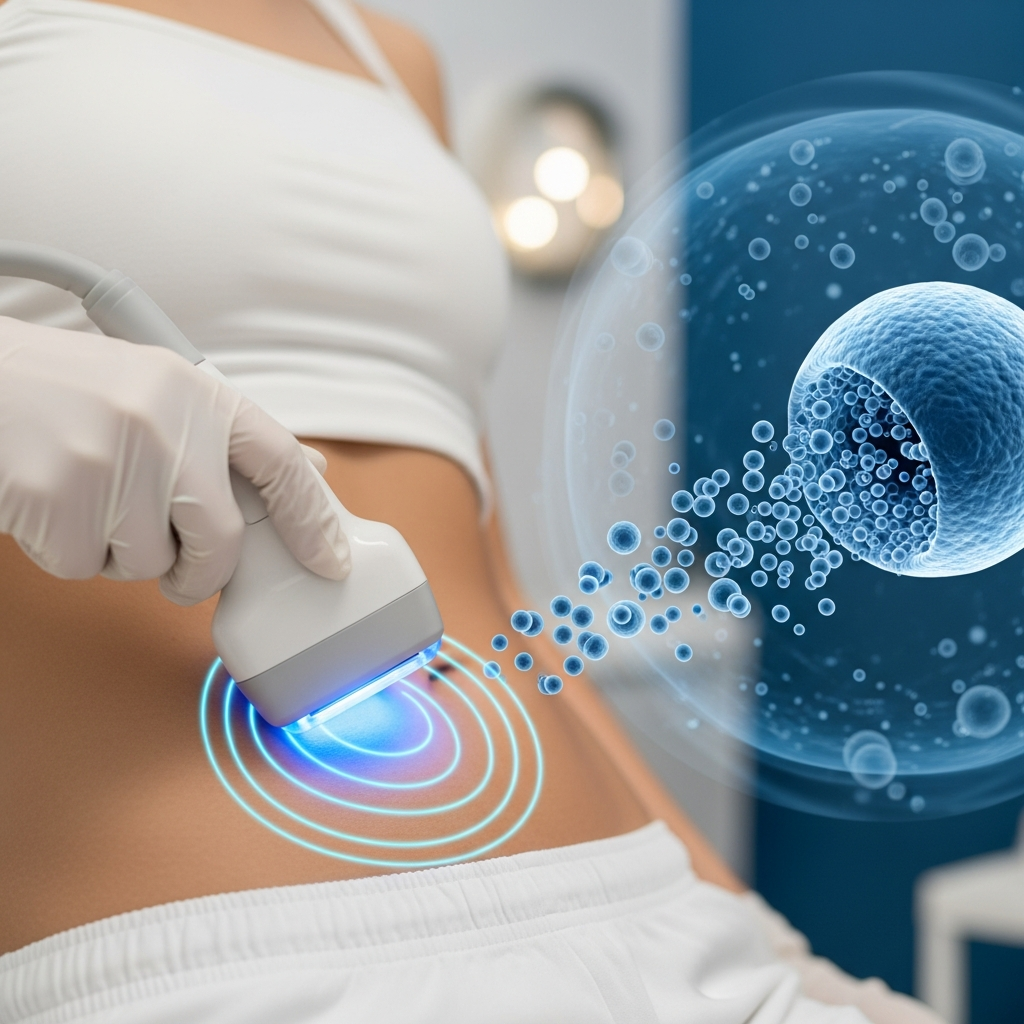 Illustration of Kavitatsiooni protseduur: mis see on ja kuidas rasvarakke lõhustab