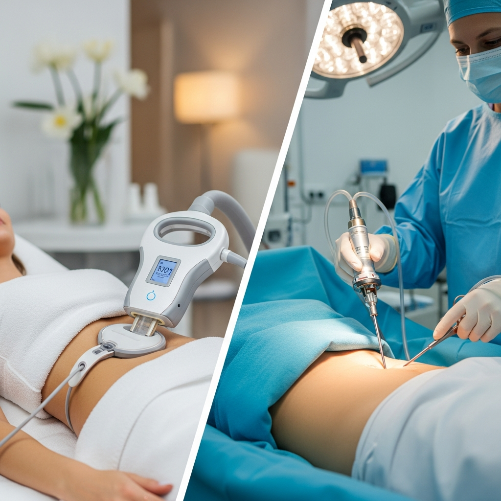 Illustration of Krüolipolüüs vs liposuktsioon: mitteinvasiivne rasvakaotus ja eelised kirurgiaga võrreldes